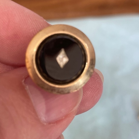 VTG Cuff Links Rose Gold Coloring Black Center with Clear Stone Chip Middle - Picture 2 of 5